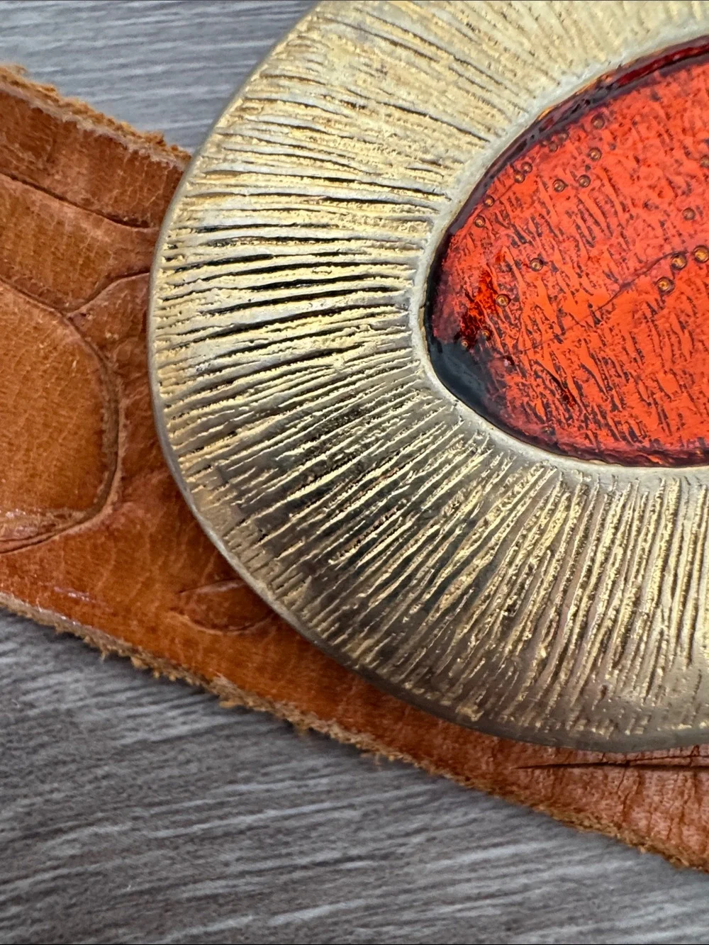 Vintage Handmade Tan Leather Belt with Gold & Red Sunburst Buckle